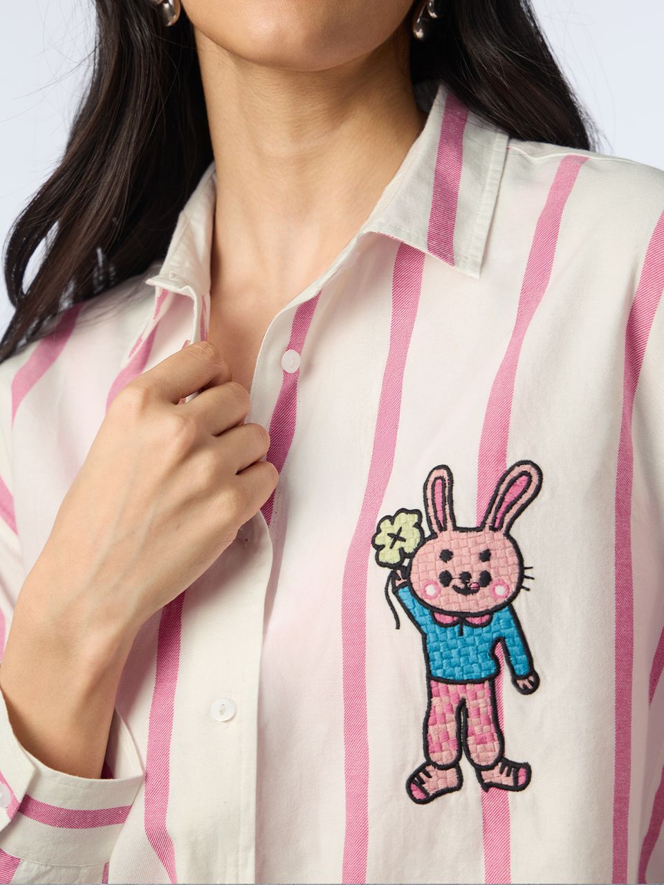 Stripe Shirt: Clover Bunny Women Boyfriend Shirts