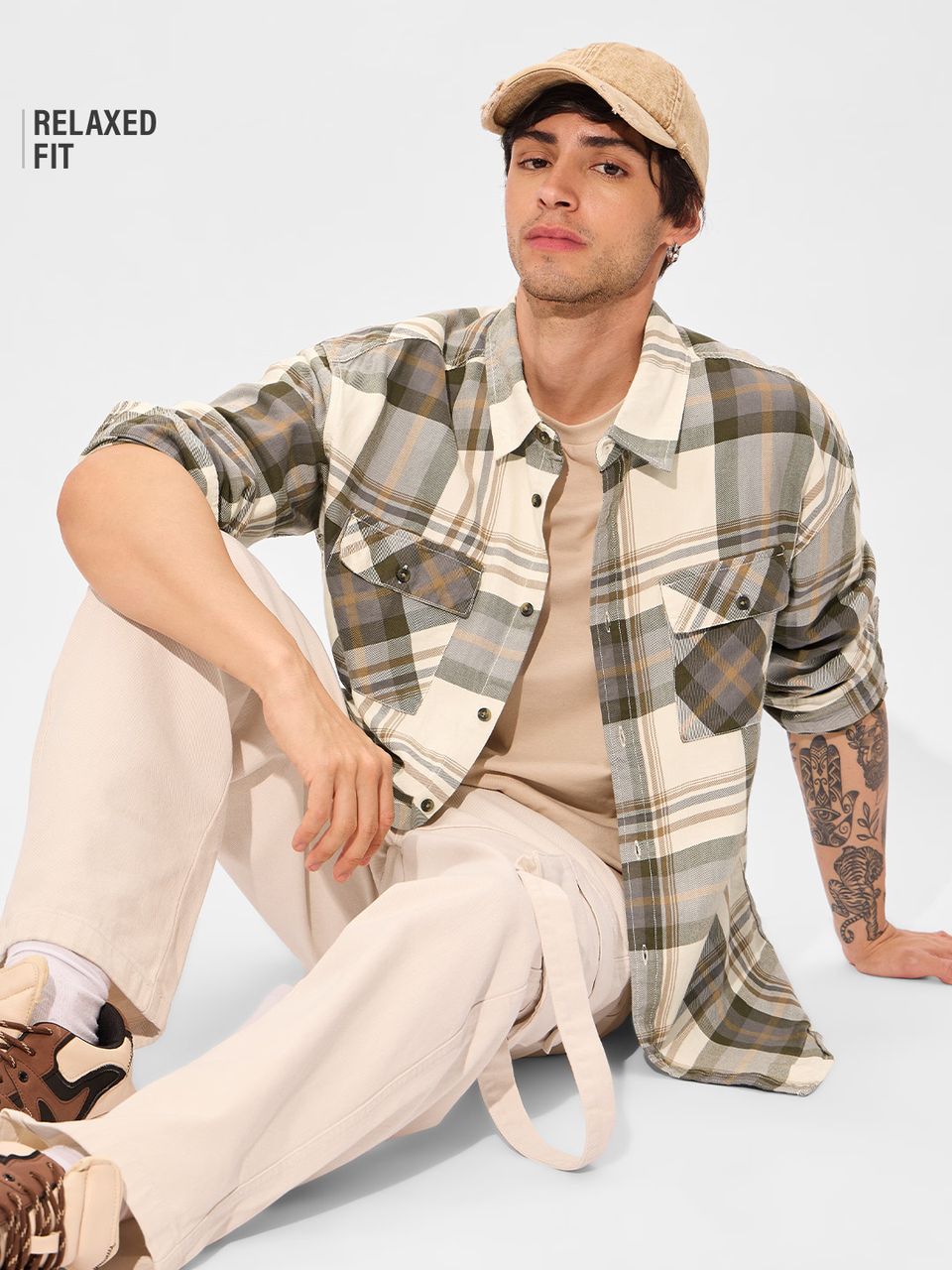 Shop for Plaid: Cream, Green Men Utility Shirts